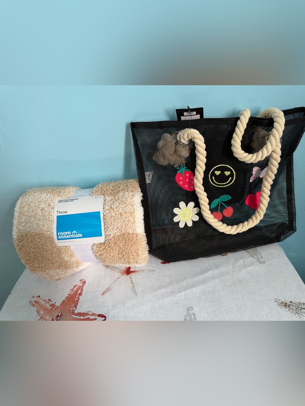 Black Mesh Tote Bag with Fruit & Flower Embroidery